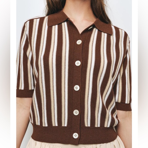 Zara Striped Polo Cardigan Brown/ Tan / White NWT - Picture 4 of 7